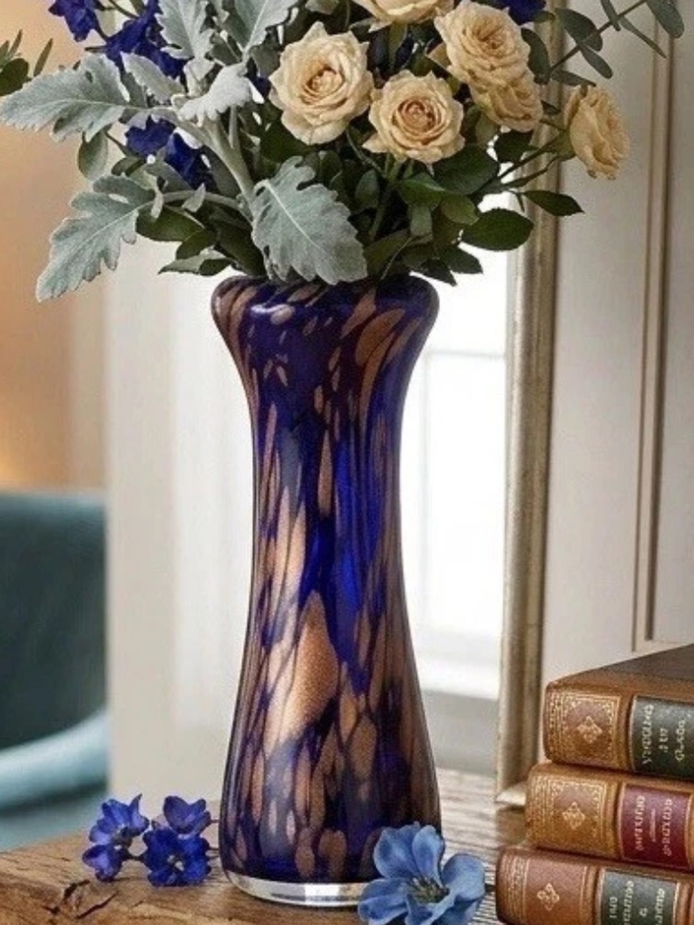 Vintage Murano Style MCM Cobalt Blue Art Glass Vase with Gold Aventurine